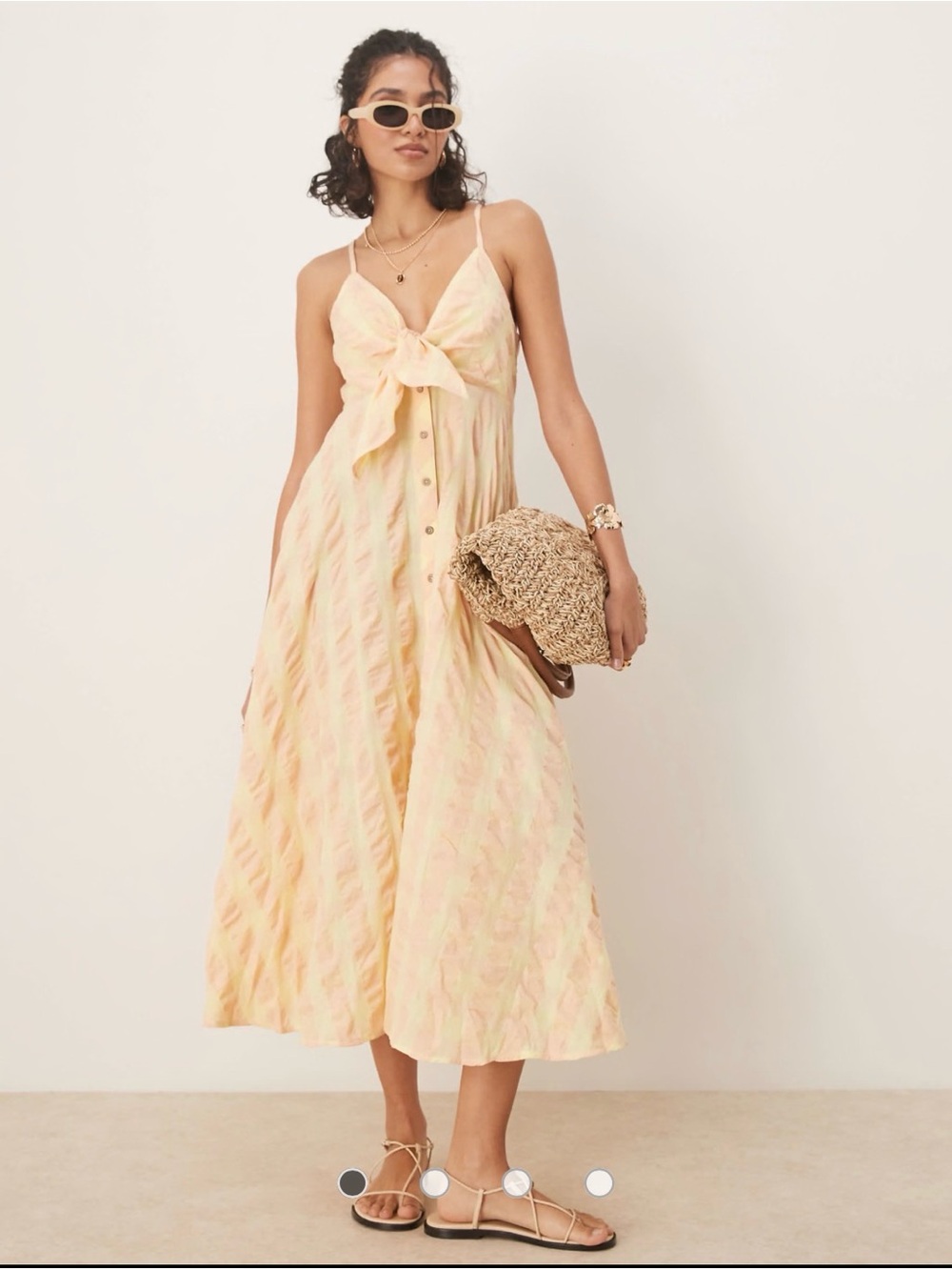 Free People Via Gingham Cotton Seersucker Sundress Peach Tie Front Midi Dress XS - Picture 2 of 10